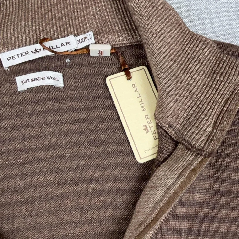 Peter Millar Sweater Mens 2XL Brown 1/4 Zip Mock Neck Merino Wool Striped Italy